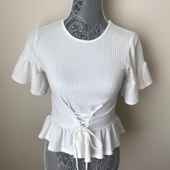 Wayf Tops - WAYF Lace Up Front Peplum Kint Top White Size S